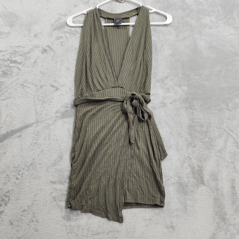 May Pink Dress Womens M Green Ribbed Halter Wrap Tie Waist Asymmetrical Hem